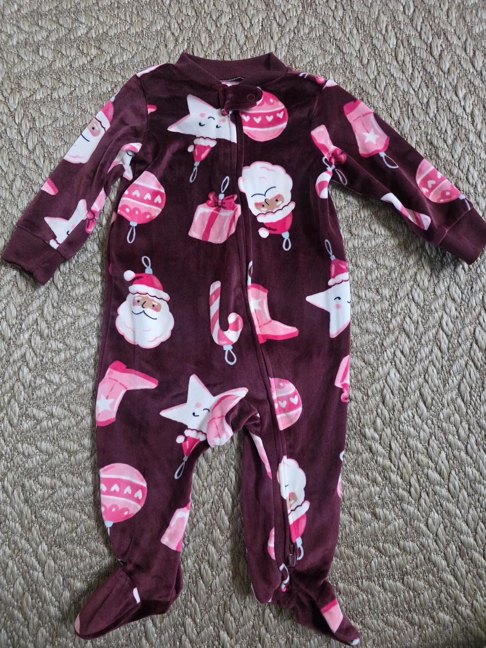 Carter's Burgundy Footed One-Piece with Pink Holiday Print